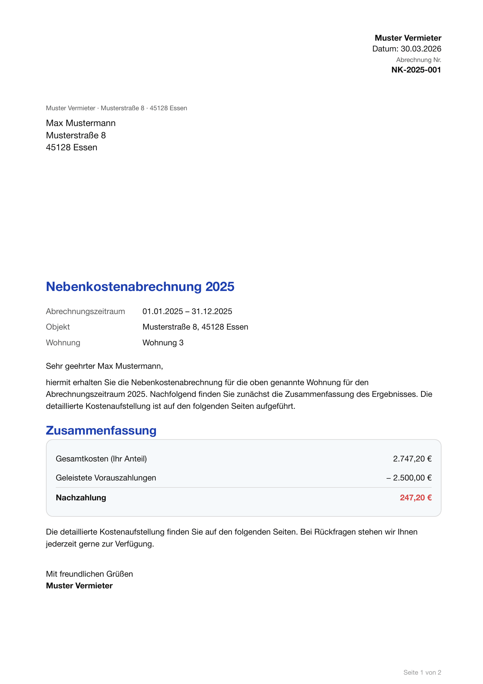 Nebenkostenabrechnung Seite 1 — Anschreiben