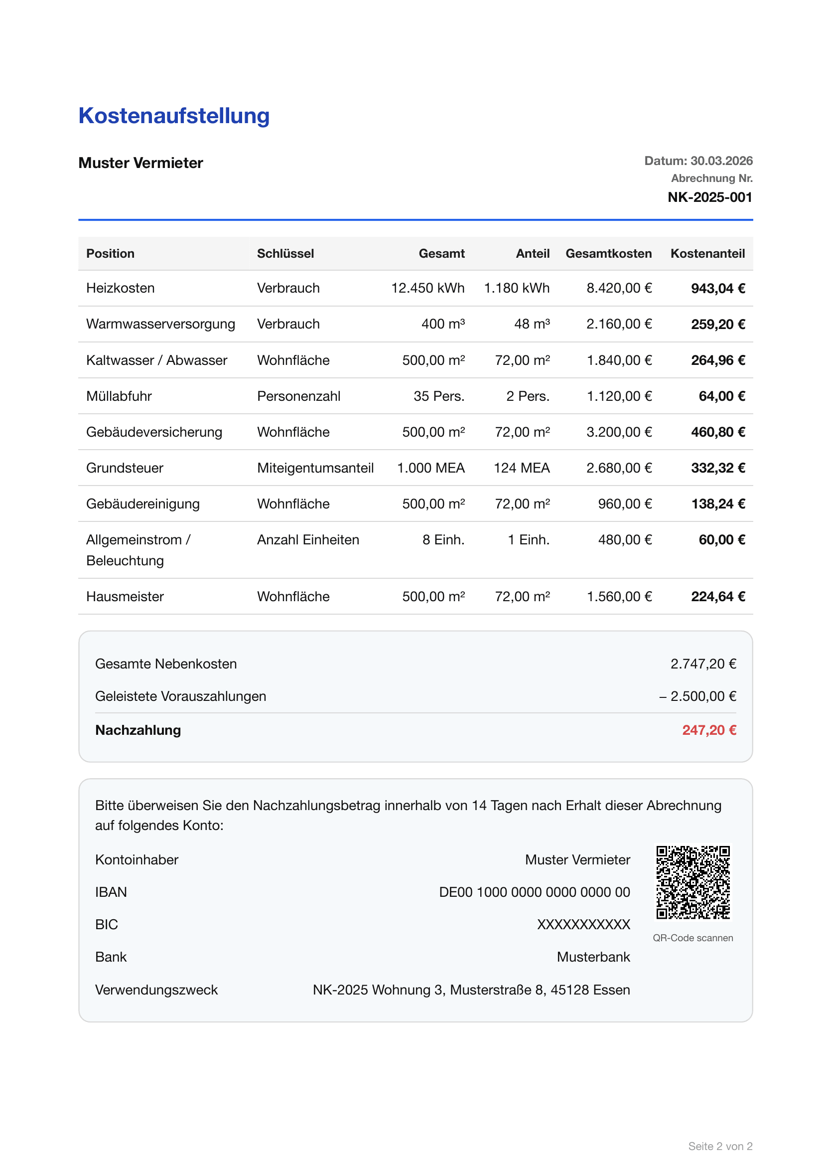 Nebenkostenabrechnung Seite 2 — Kostenaufstellung